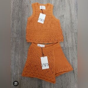 Zara Embroidered crochet knit 2 pieces sets Top And Short Girl's Orange